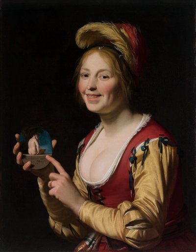 Gülümseyen Kız, Bir Fahişe, Elinde Müstehcen Bir Görüntü by Gerrit van Honthorst