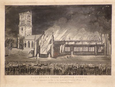 Doğu, Güney ve Haç Kiliseleri, Dundee, 3 Ocak 1841 Pazar günü Ateşte göründükleri gibi, c.1841 (gravür) by Gershom Gourlay Cumming