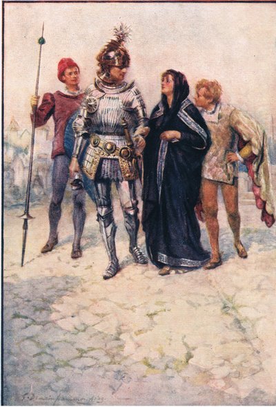 Prens Arthur, Belge ve oğullarını kaleye götürür, George Harrap and Company tarafından yayınlanan Stories from the Faerie Queen by Gertrude E. Demain (after) Hammond