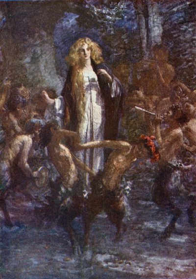 "Satirler onun etrafında neşe içinde dans ettiler" (renkli lito) by Gertrude E. Demain (after) Hammond