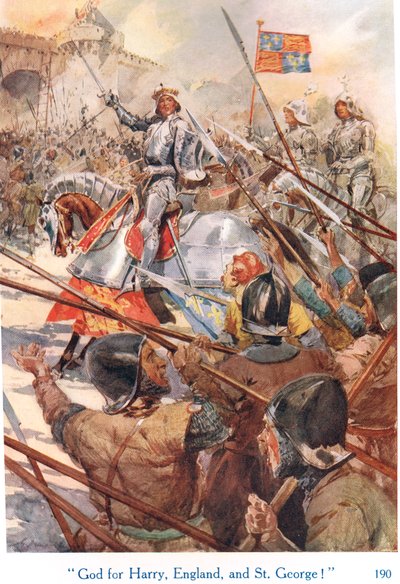 "Tanrı Harry, İngiltere ve Aziz George için!", George Harrap & Son tarafından yayınlanan "Shakespeare'in İngiliz Krallarının Öyküleri"nden illüstrasyon by Gertrude E. Demain Hammond