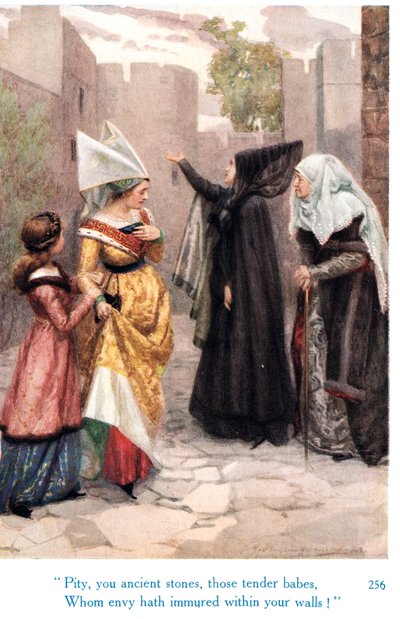 George Harrap & Son tarafından yayınlanan "Shakespeare'in İngiliz Kralları Hikayeleri"nden "Yazık, sizi kadim taşlar, kıskançlığın duvarlarınıza hapsettiği o narin bebekler!" by Gertrude E. Demain Hammond