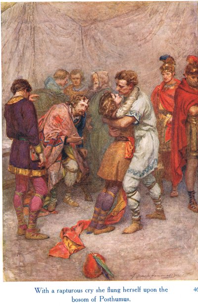 George Harrap & Son tarafından yayınlanan "Shakespeare'in İngiliz Krallarının Öyküleri"nden "Kendini coşkulu bir çığlıkla Posthumus'un koynuna attı" by Gertrude E. Demain Hammond