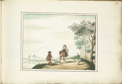 Beyefendi ve bayan at sırtında ve bir yaya bir manzarada by Gesina ter Borch (signed by artist)