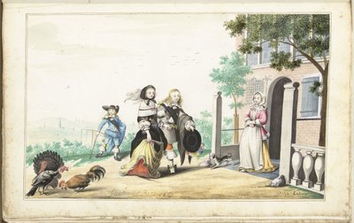 Çift bir kır evinin kapısında bir bayanı selamlıyor. by Gesina ter Borch (signed by artist)