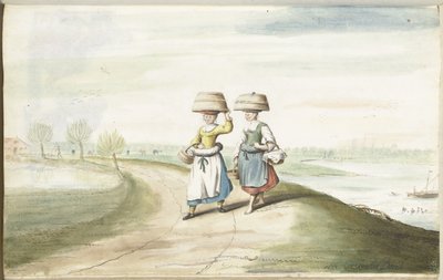 Bir manzara içinde yürüyen iki köylü kadın by Gesina ter Borch (signed by artist)