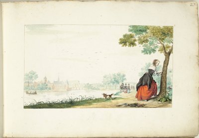 Bir ağaca isim kazıyan kadın by Gesina ter Borch (signed by artist)