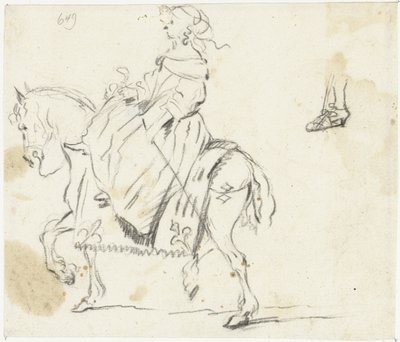 Alt bacak ve ayak taslağı ile yandan görülen at sırtında kadın by Gesina ter Borch