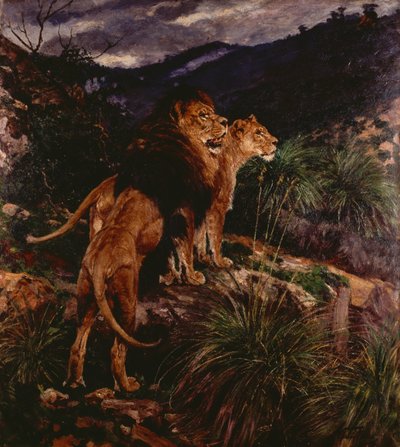 Aslan Stalking (tuval üzerine yağlı boya) by Geza Vastagh