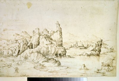 ""Un chateau perche sur une montagne"" (Dağ Manzarasında Kaya Üzerinde Bir Kale) Gherardo Cibo (1512-1600) tarafından kahverengi mürekkeple çizim 1540 Puşkin Müzesi, Moskova by Gherardo Cibo