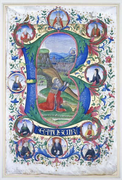 Kral David dua ederken çok büyük bir ilk "B" içinde, her biri bir azizin portresini içeren on büyük yuvarlakla çevrili, c.1500 by Gherardo di Giovanni del Fora