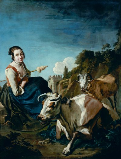 Kayalık Bir Manzarada İnek ve Koyunlu Bir Kız, c.1700 (tuval üzerine yağlı boya) by Giacomo Ceruti