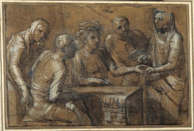 Bir iç mekanda beş figür (beyaz gövde rengiyle yükseltilmiş kömür) by Giacomo (attr. to) Cavedone