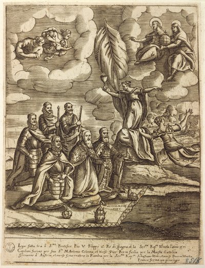 Papa Pius V, İspanya Philip ve Venedik Doge Alvise Mocenigo tarafından şart koşulan 1571 Azizler Ligi Alegorisi, Giacomo Franco (1556-1620) tarafından gravür by Giacomo Franco