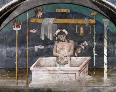 Tutku sembolleriyle çevrili İsa, Giacomo Jaquerio (1375-1453) tarafından fresk, Ranverso St Anthony Manastırı, Buttigliera Alta, Piedmont, İtalya by Giacomo Jaquerio
