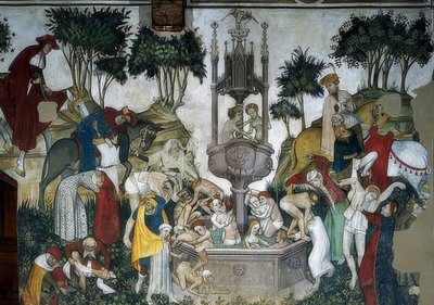 Gençlik çeşmesi. Detay: çeşmeye gelen ve banyo yapan insanlar. 1418-30 by Giacomo Jaquerio