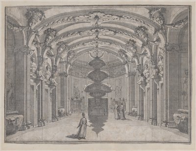 Tonozlu tavanı ve merkezi bir heykeli olan büyük bir salonda tiyatro sahnesi, ..., yakl. 1687-1717. by Giacomo Maria Giovannini