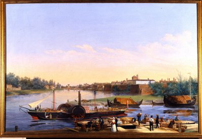 Po üzerinde Pavia (Pavia) limanının görünümü ve Principessa Clementina vapuru””””” Giacomo Trecourt (1812-1882) tarafından resim 19. yüzyıl by Giacomo Trecourt