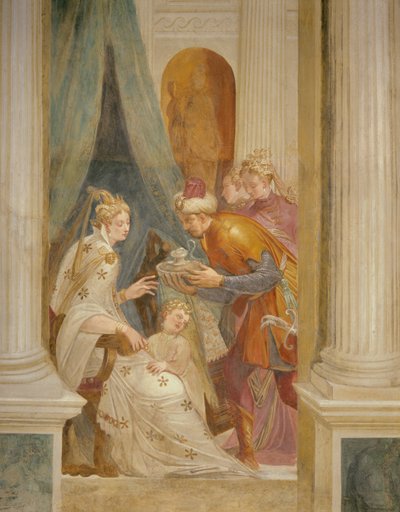 Sophonisba'yı çocuğuyla birlikte bir sonraki zehir kabını alırken gösteren sağ duvar (fresk) by Giambattista (1526 78) Zelotti