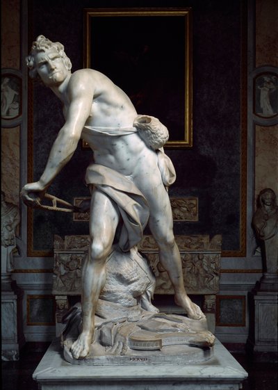 David, Gian Lorenzo Bernini dit Le Bernin (1598-1680) tarafından yapılan Sapan Taşı Barok heykelini fırlatıyor by Gian Lorenzo Bernini