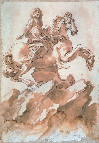 Kalem ve mürekkeple çizim yapan Gian Lorenzo Bernini (1598-1680) tarafından at sırtında Louis XIV için eskiz by Gian Lorenzo Bernini