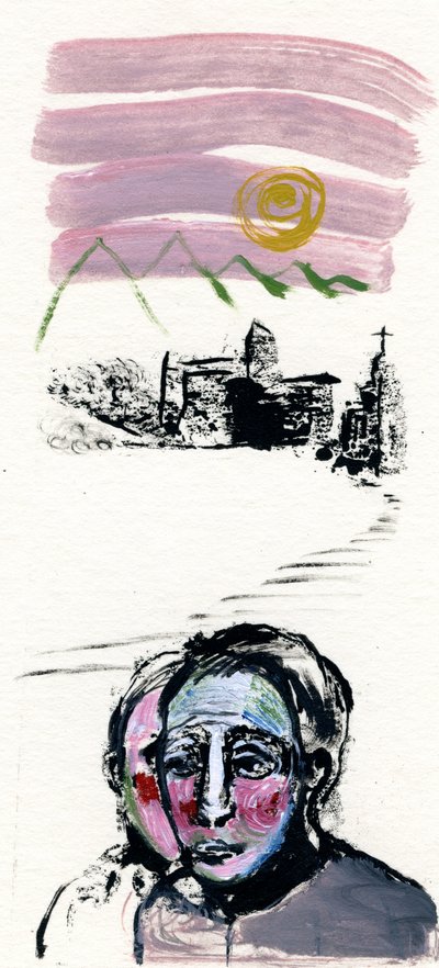 Dağ Köyü, 2017, (kağıt üzeri yağlı boya) by Gigi Sudbury