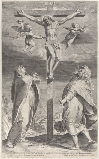 Meryem Ana ve Evangelist Aziz John ile çarmıha gerilme, tepedeki melekler, yaklaşık. 1593., yaklaşık 1593 by Gijsbert Van Veen