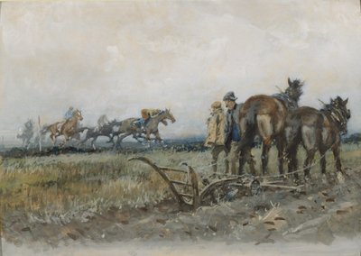 Ploughmen Tarafından İzlenen Egzersizde Yarış Atları (gemide wc ve guaj boya) by Gilbert Holiday
