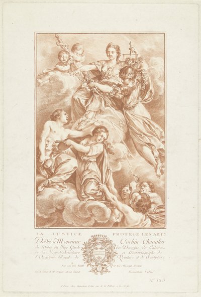 Sanatın hamisi olarak Justitia ile alegori La Justice protege les arts (nesne üzerindeki başlık) by Gilles Demarteau