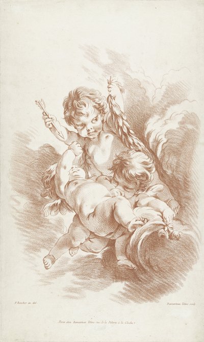 Bulutların üzerinde üç oyun putti by Gilles Demarteau