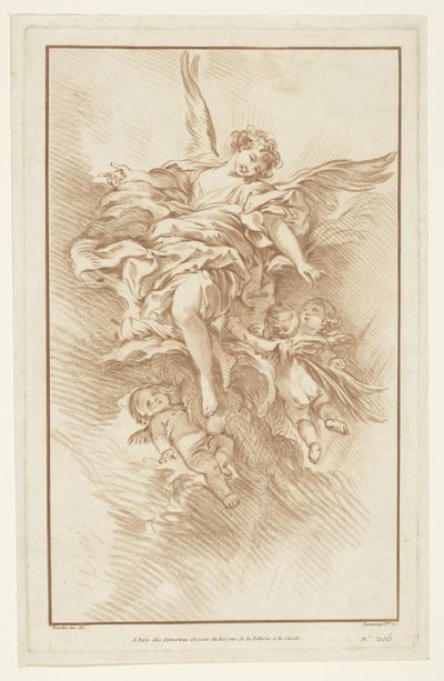 Bulutlarda üç putti ile melek by Gilles Demarteau