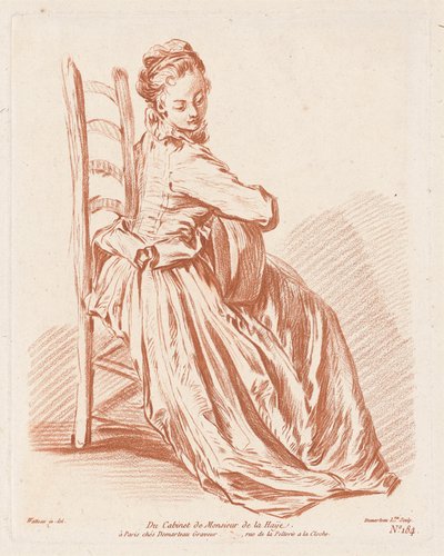 gitar çalan kadın by Gilles Demarteau, the Elder, Antoine Watteau