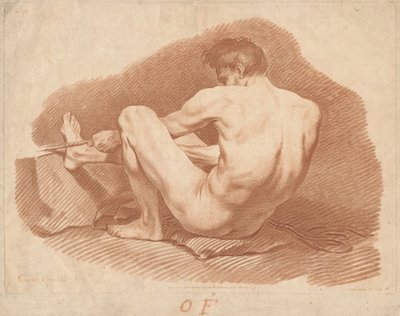 Oturan çıplak adam, arkadan görüldü, bir ip çekerek by Gilles Demarteau, the Elder after Carle Van Loo