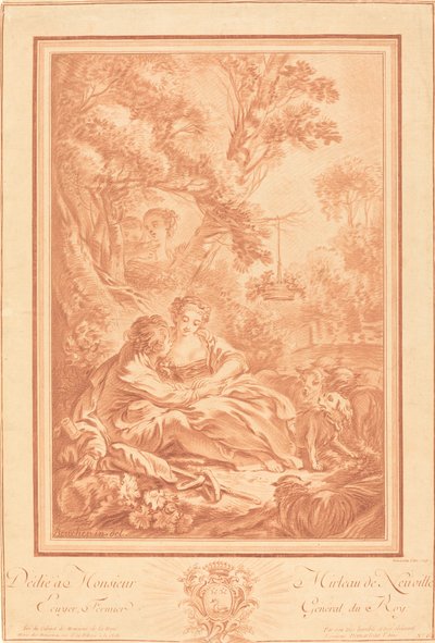 Büyük Bir Ağacın Eteğinde Oturan İki Sevgili, İki Kıza Şaşırdı by Gilles Demarteau, the Elder after François Boucher