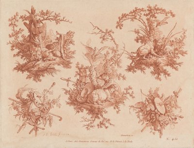 Av, Aşk ve Delilik Temalı Beş Kupa by Gilles Demarteau, the Elder, and Jean Baptiste Hüet