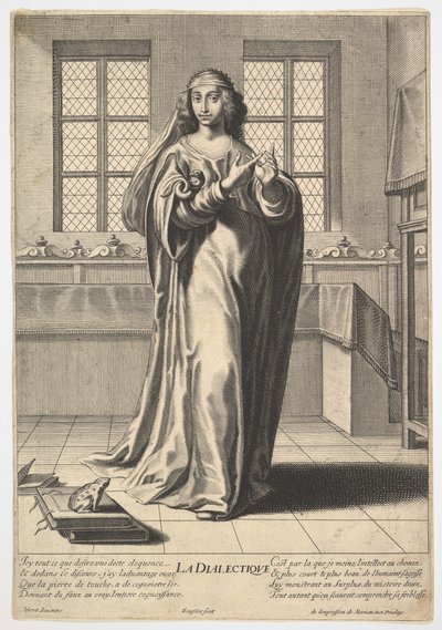 Diyalektik: süslü bir iç mekanda duran ve sağ dizinine dokunan genç bir kadın ..., 1633-35. by Gilles Rousselet