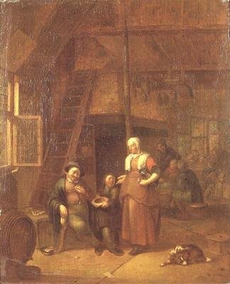 Hizmetçi bir kadına ödeme yapan bir adamla bir hanın içi by Gillis de Winter