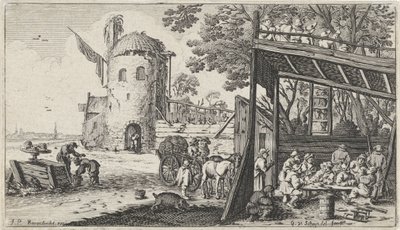 Bir ahırda bir masanın etrafındaki çiftçiler (Lezzet) Beş duyu ile manzaralar (dizi başlığı) by Gillis van Scheyndel (I)