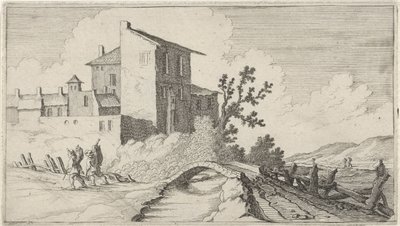 Duvarlarla çevrili binaların önünde köprü On iki manzara (dizi başlığı) by Gillis van Scheyndel (I)
