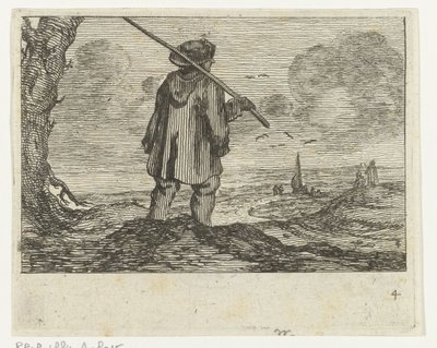 Omzunda bir asa olan bir adamla kumul manzarası Jan Percelles tarafından yapılan Verscheyden Plajları ve su manzaraları (seri başlığı) by Gillis van Scheyndel (I)