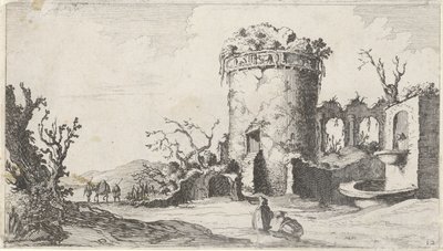 Yuvarlak bir kule ile harap çeşme On iki manzara (dizi başlığı) by Gillis van Scheyndel (I)