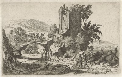 Yürüyüşçüler bir harabede Altı manzara (dizi başlığı) by Gillis van Scheyndel (I)
