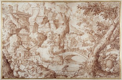 Nehirleri, bir şehri ve gezginleri kapsayan köprüleri olan muhteşem dağlık manzara (kahverengi cilalı kalem ve kahverengi mürekkep) by Gillis van Valckenborch