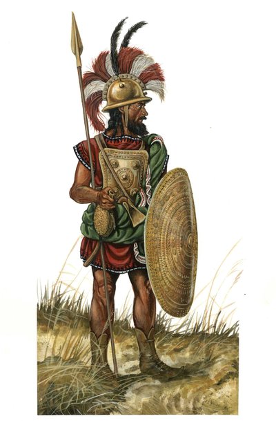 Antik Roma (arkaik MÖ 753-530): savaşçı silahı, miğfer, kalkan, mızrak temsili (MÖ 8. yüzyılın monarşik dönemi) by Giorgio Albertini
