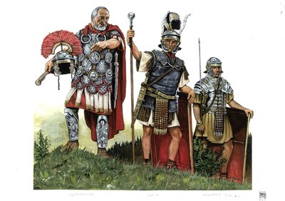 Antik Roma: bir centurion, optio (centurionlar ve decurionlar arasındaki haberci) ve bir lejyoner. 2. yüzyıl by Giorgio Albertini