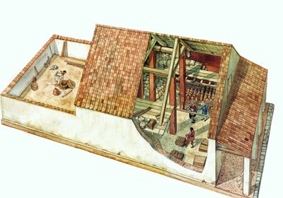 Bizans mimarisi: İmparator Justinianus zamanında Ravenna (Ravenna) şehrinin limanı olan Classe rıhtım bölgesinin deposu olan bir Class mağazasının rekonstrüksiyonu. İtalya 7. yüzyıl. Binanın bir bölümü depolanan malları görmenizi sağlar. by Giorgio Albertini