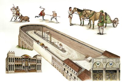 Bizans: 4. yüzyılda I. Konstantin tarafından yaptırılan, tank yarışları için Roma sirkine benzer bir arena olan Konstantinopolis yarış pistinin yeniden inşası. Pistin ortasında, dikilitaşlar ve sütunlar süsleme işlevi görmektedir. Güncel İstanbul, Türkiye by Giorgio Albertini