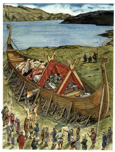 Vikingler arasında cenaze töreni, ölen kişi kurban edilen hayvanlar ve cenaze çeyizinin eşyalarıyla dolu başarısız bir tekneye (drakkar) yerleştirilir ve yakılmayı bekler. 10. yüzyıl by Giorgio Albertini