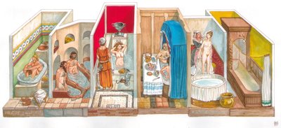 Günlük yaşam: sıhhi sistemlerin ve hijyenin evrimi: antik çağlardan modern zamanlara hamamları, banyoları, banyoları, tuvaletleri temsil eden pano. by Giorgio Albertini