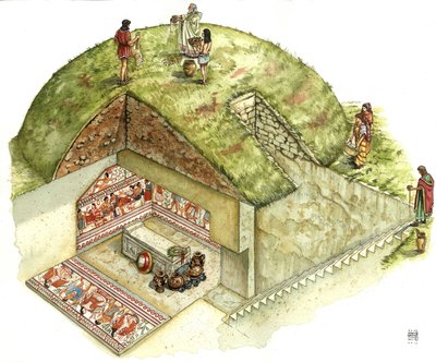 Etrüsk uygarlığı: Triclinio (triclinium) mezarının rekonstrüksiyonu ve kesimi, Tarquinia nekropolü. MÖ 5. yüzyıl İtalya Giorgio Albertini